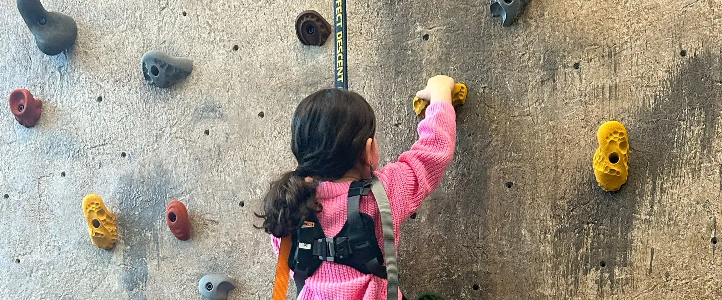 Girl climbing rock wall