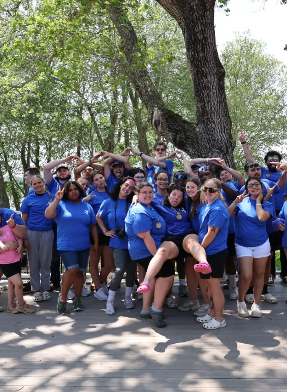 Camp Westwood 2025 staff taking a silly group photo.