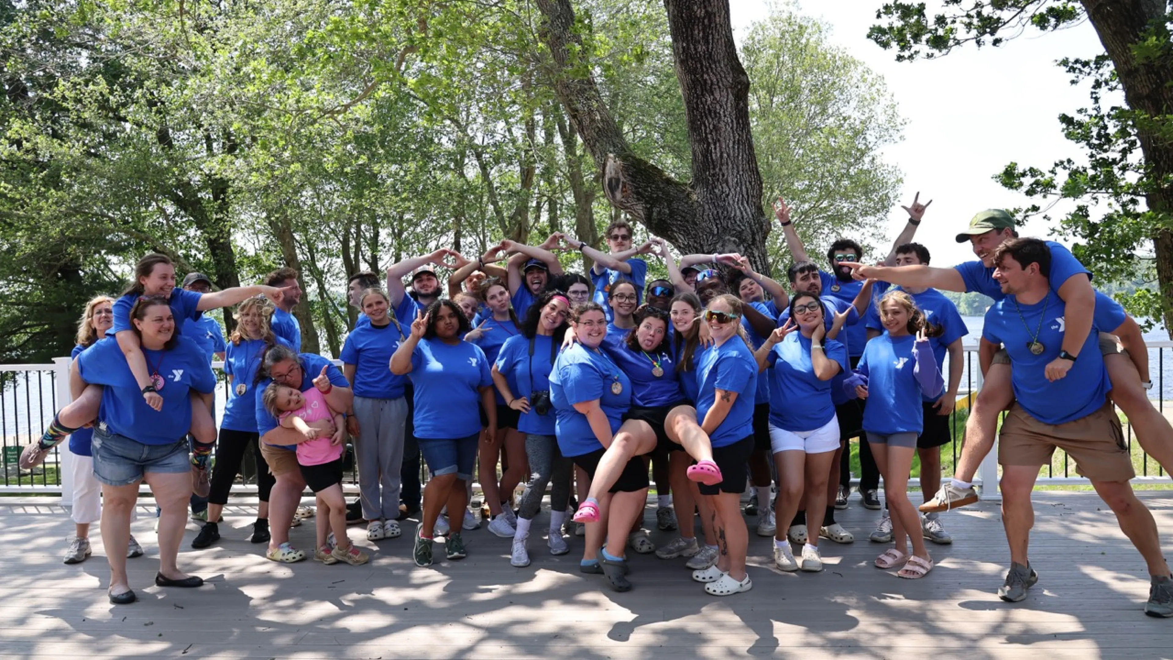 Camp Westwood 2025 staff taking a silly group photo.