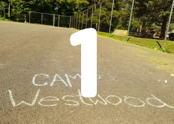 Basketball Court with Camp Westwood written in chalk and the number 1.