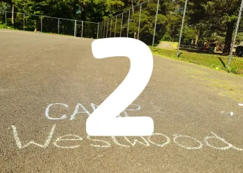 Basketball Court with Camp Westwood written in chalk and the number 2.