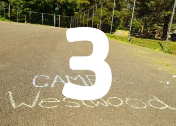 Basketball Court with Camp Westwood written in chalk and the number 3.
