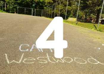 Basketball Court with Camp Westwood written in chalk and the number 4.