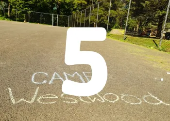 Basketball Court with Camp Westwood written in chalk and the number 5.