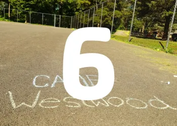 Basketball Court with Camp Westwood written in chalk and the number 6.