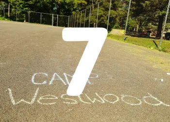 Basketball Court with Camp Westwood written in chalk and the number 7.