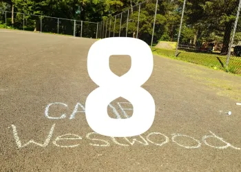 Basketball Court with Camp Westwood written in chalk and the number 8.