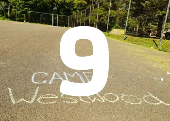 Basketball Court with Camp Westwood written in chalk and the number 9.