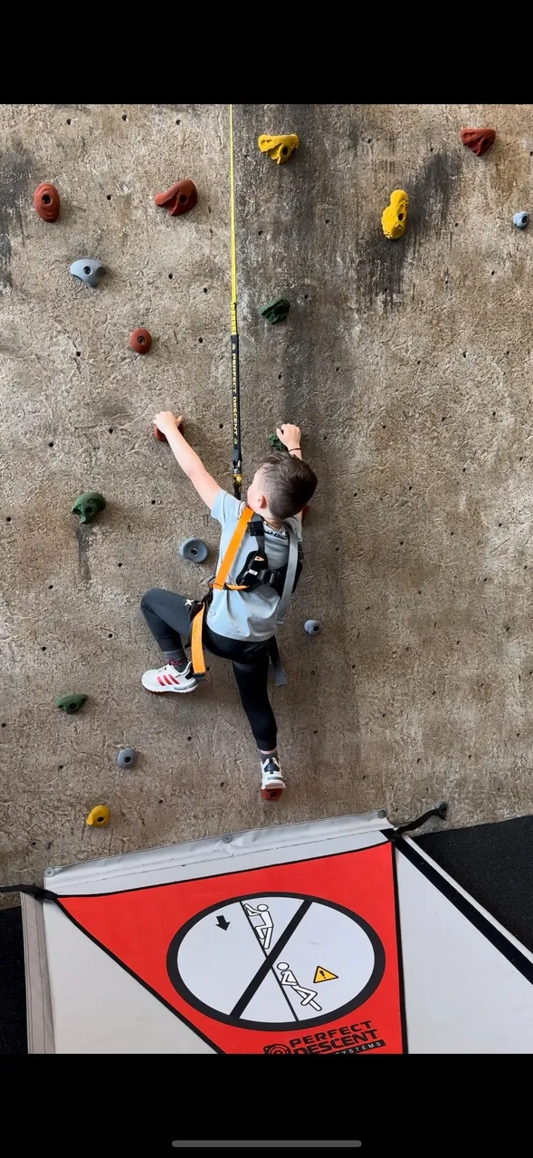 Little boy climbing a rock wall